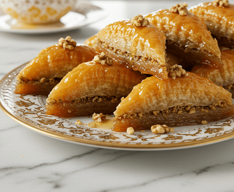 Beautifully presented baklava pieces garnished with chopped walnuts on a platter.