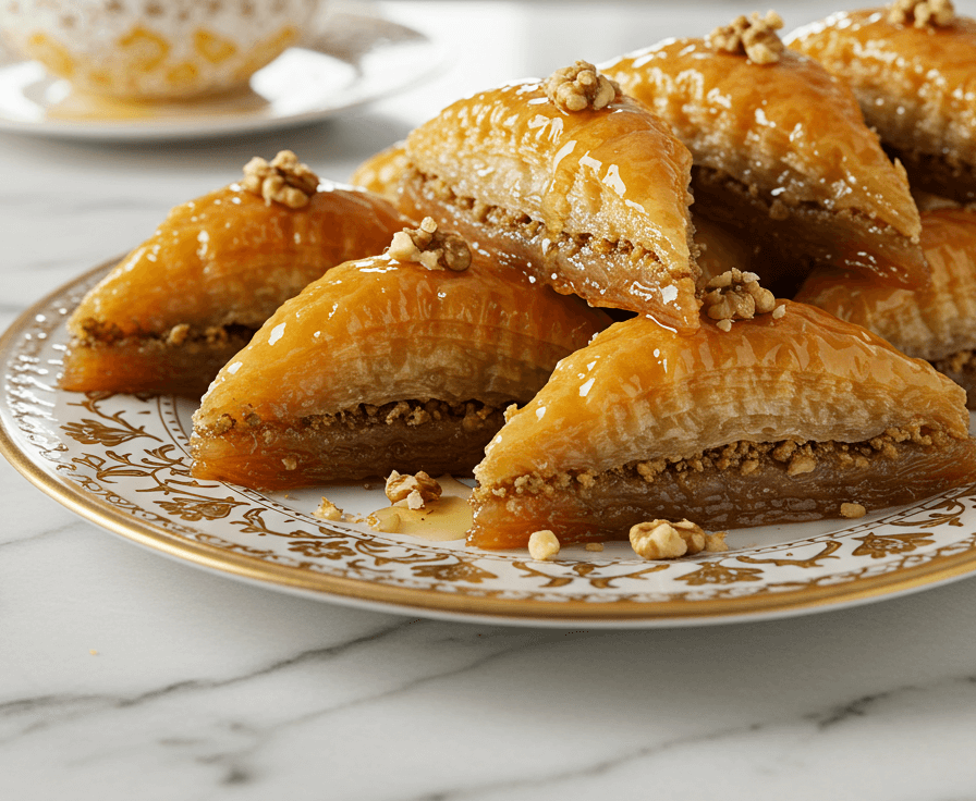 Beautifully presented baklava pieces garnished with chopped walnuts on a platter.