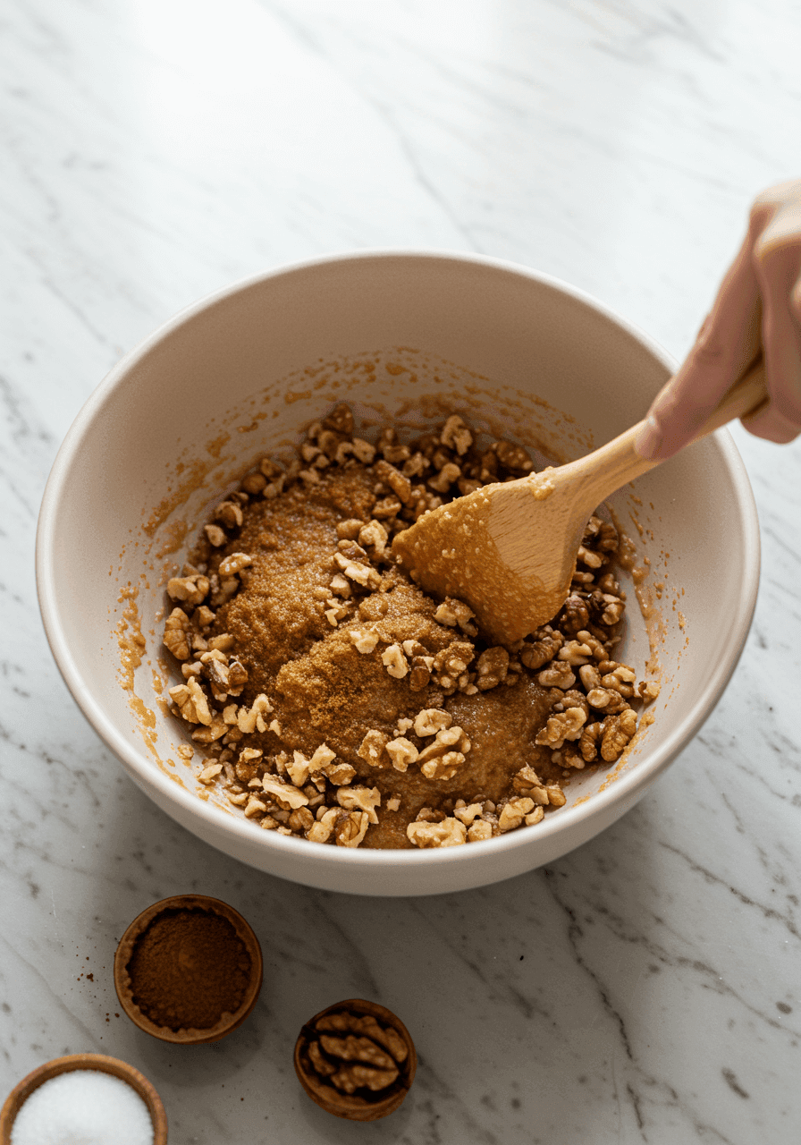 Chopped walnuts, cinnamon, and sugar mixed in a bowl on a white kitchen counter.