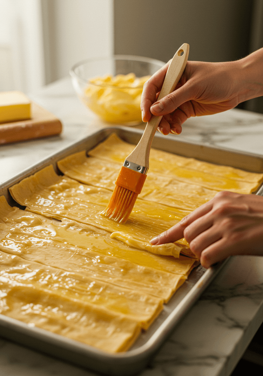 Layering phyllo dough with melted butter on a modern kitchen counter.