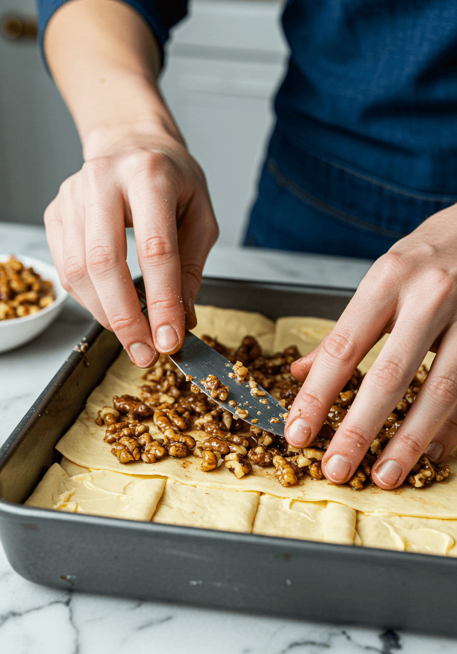 Spreading walnut and cinnamon mixture over phyllo dough layers in a baking dish.