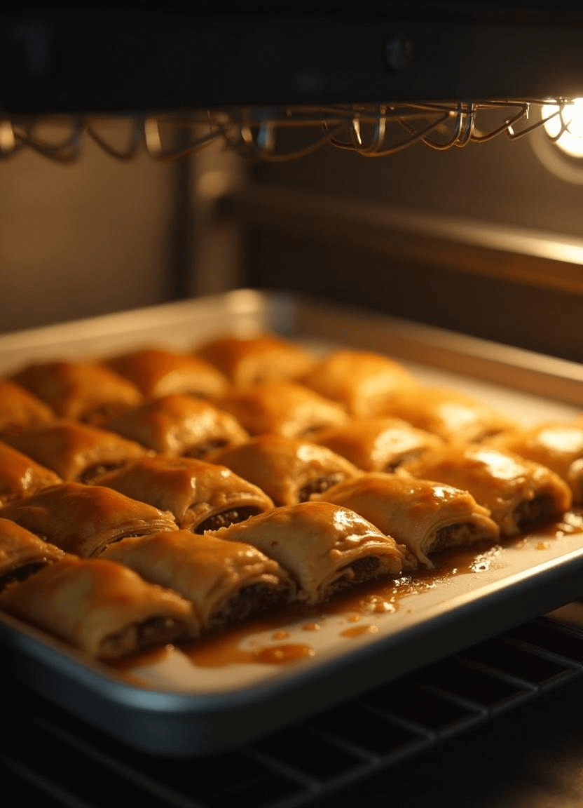 Golden-brown baklava fresh out of the oven on a baking tray.