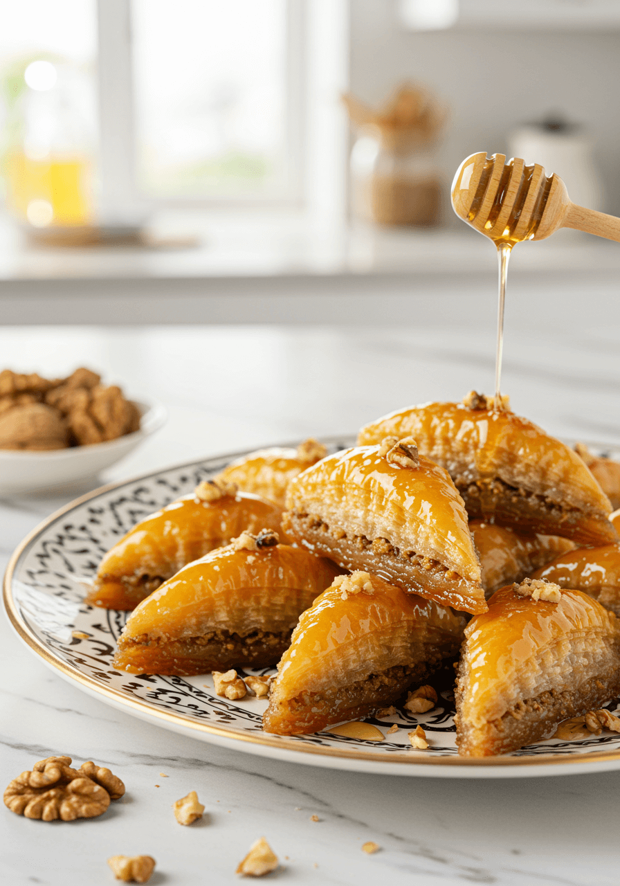 A final baklava piece garnished with chopped walnuts on a platter.