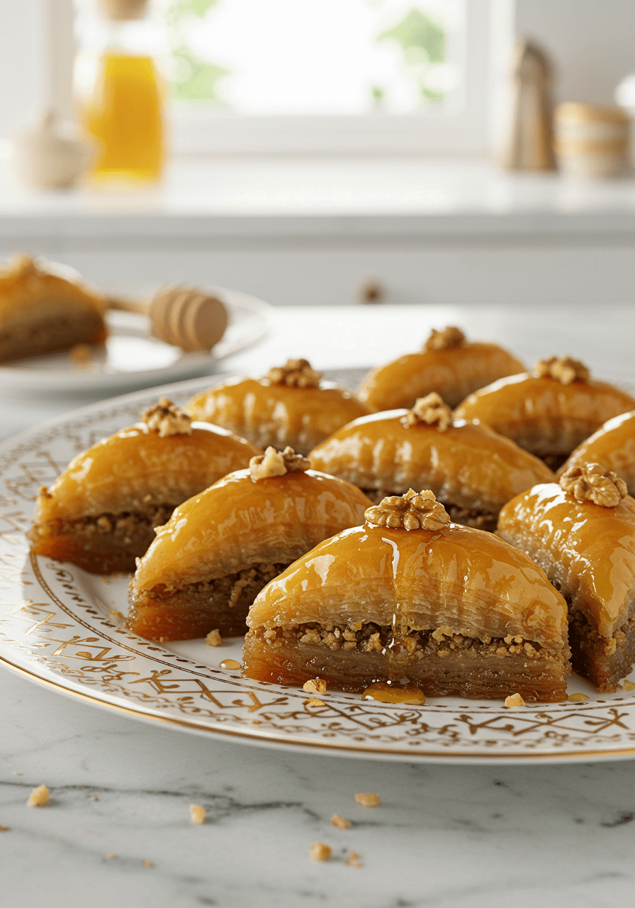 Baklava pieces garnished with honey and walnuts, ready for serving.