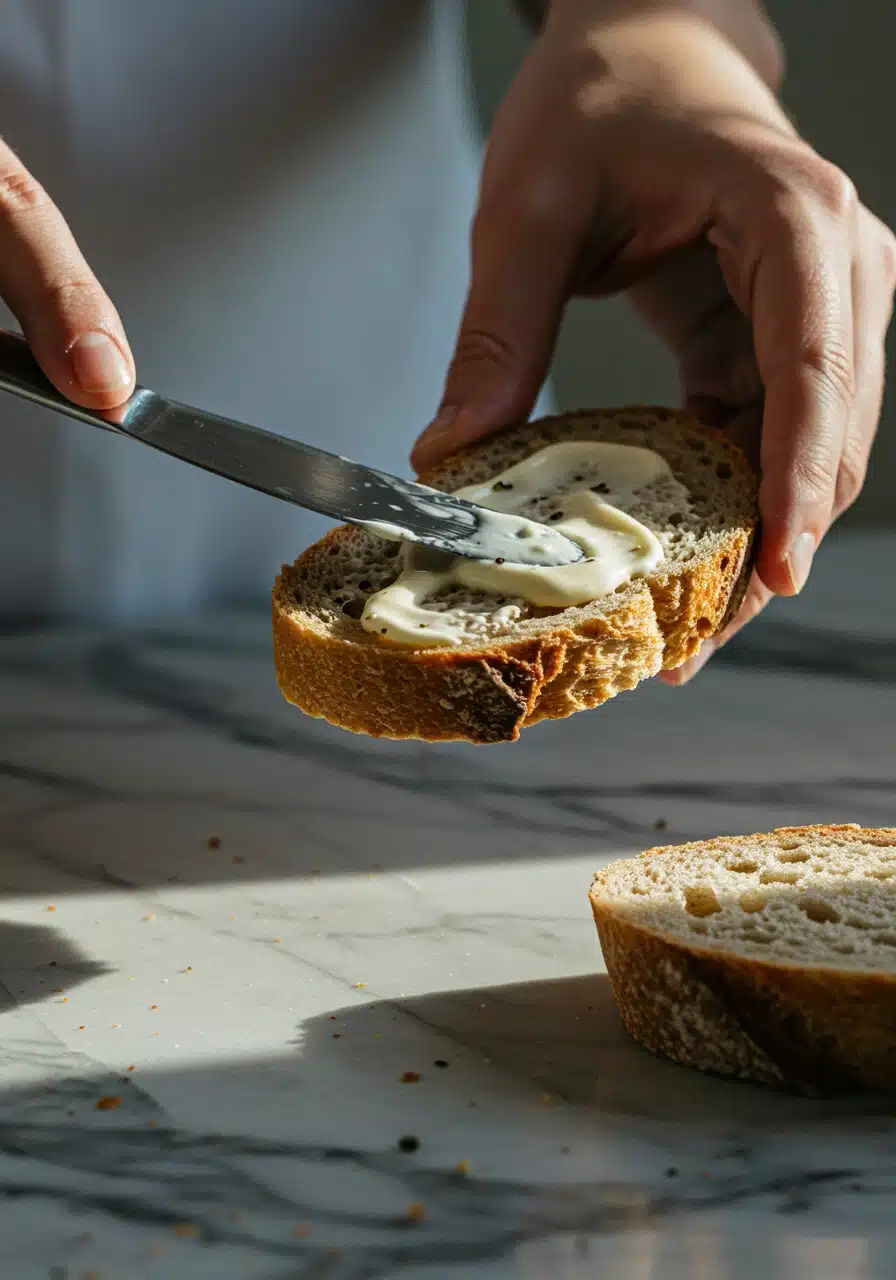 Close-up of spreading mayonnaise on sourdough bread for grilled cheese sandwich.