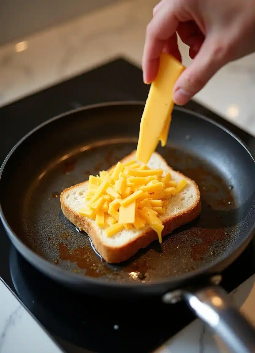 Adding cheddar and Gruyère cheese to sourdough bread on a hot skillet.