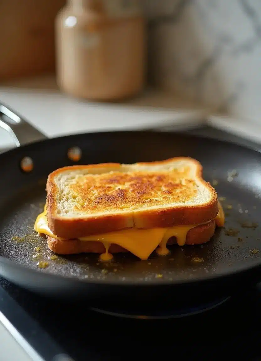 Grilled cheese sandwich cooking on a hot skillet.