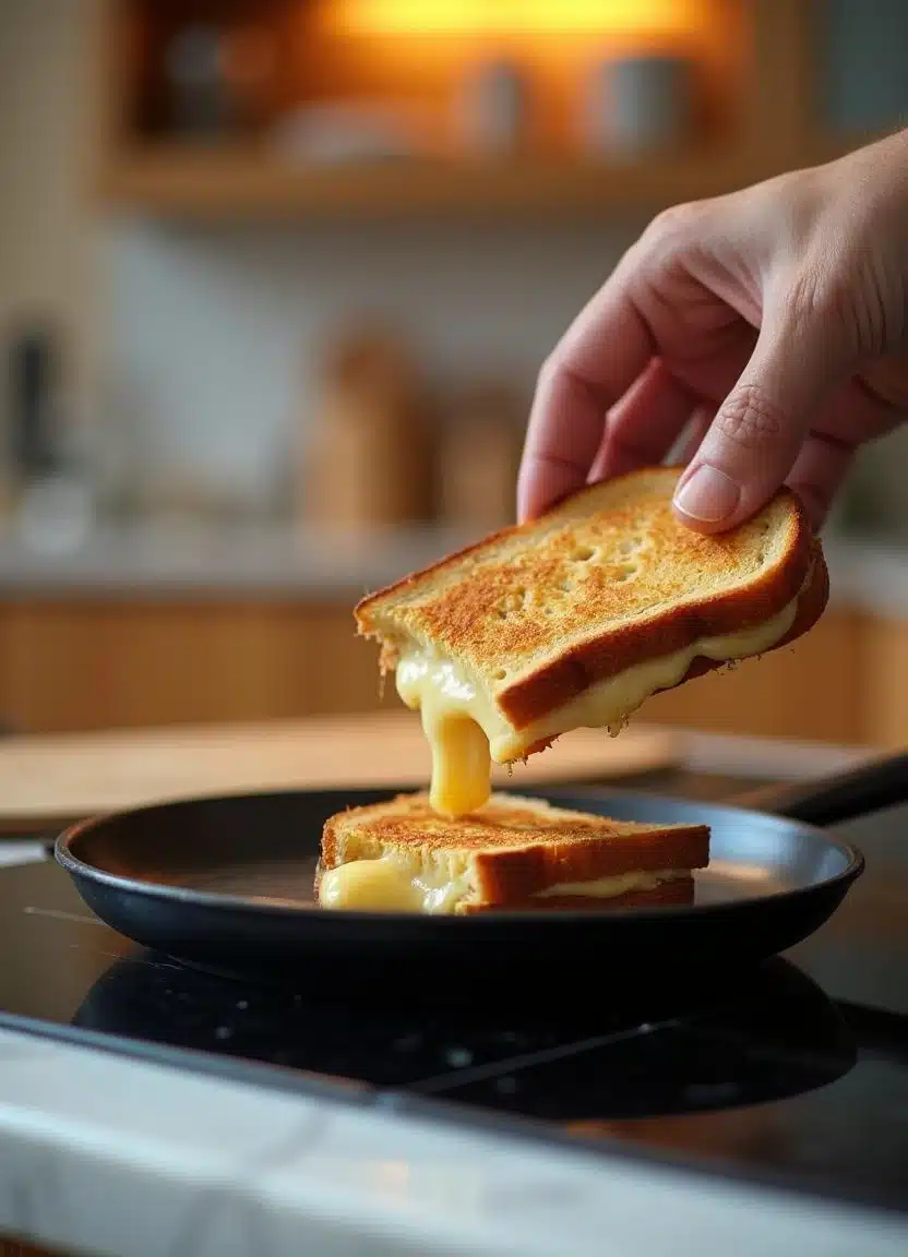 Flipping a grilled cheese sandwich on a hot skillet