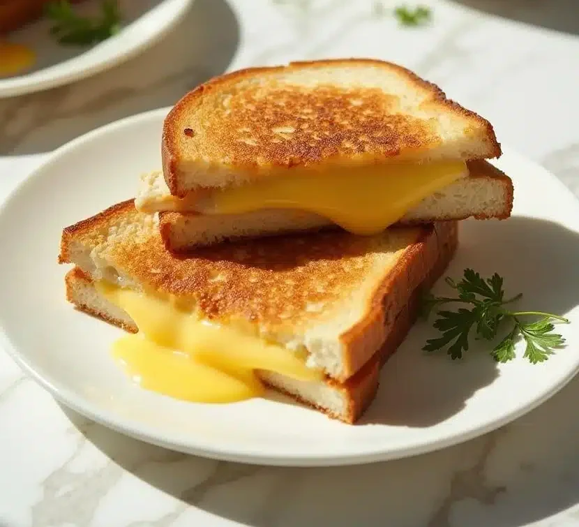 Perfectly cooked grilled cheese sandwich with melted cheese, served on a white plate.