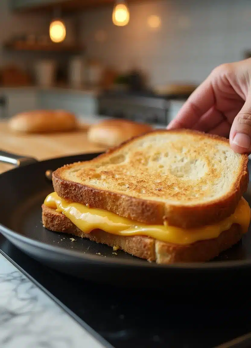 Assembling a grilled cheese sandwich on a hot skillet