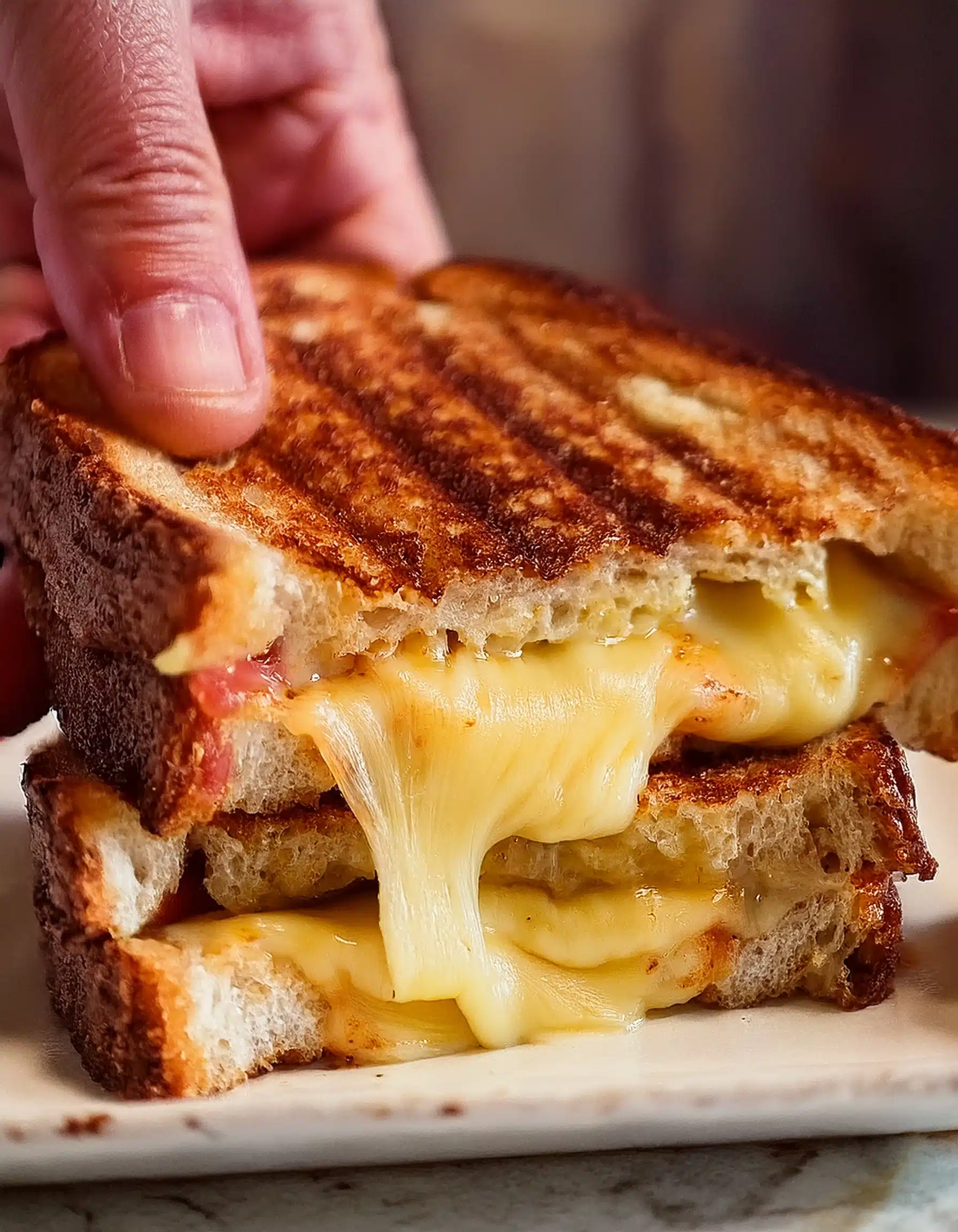 Perfectly cooked grilled cheese sandwich with melted cheese