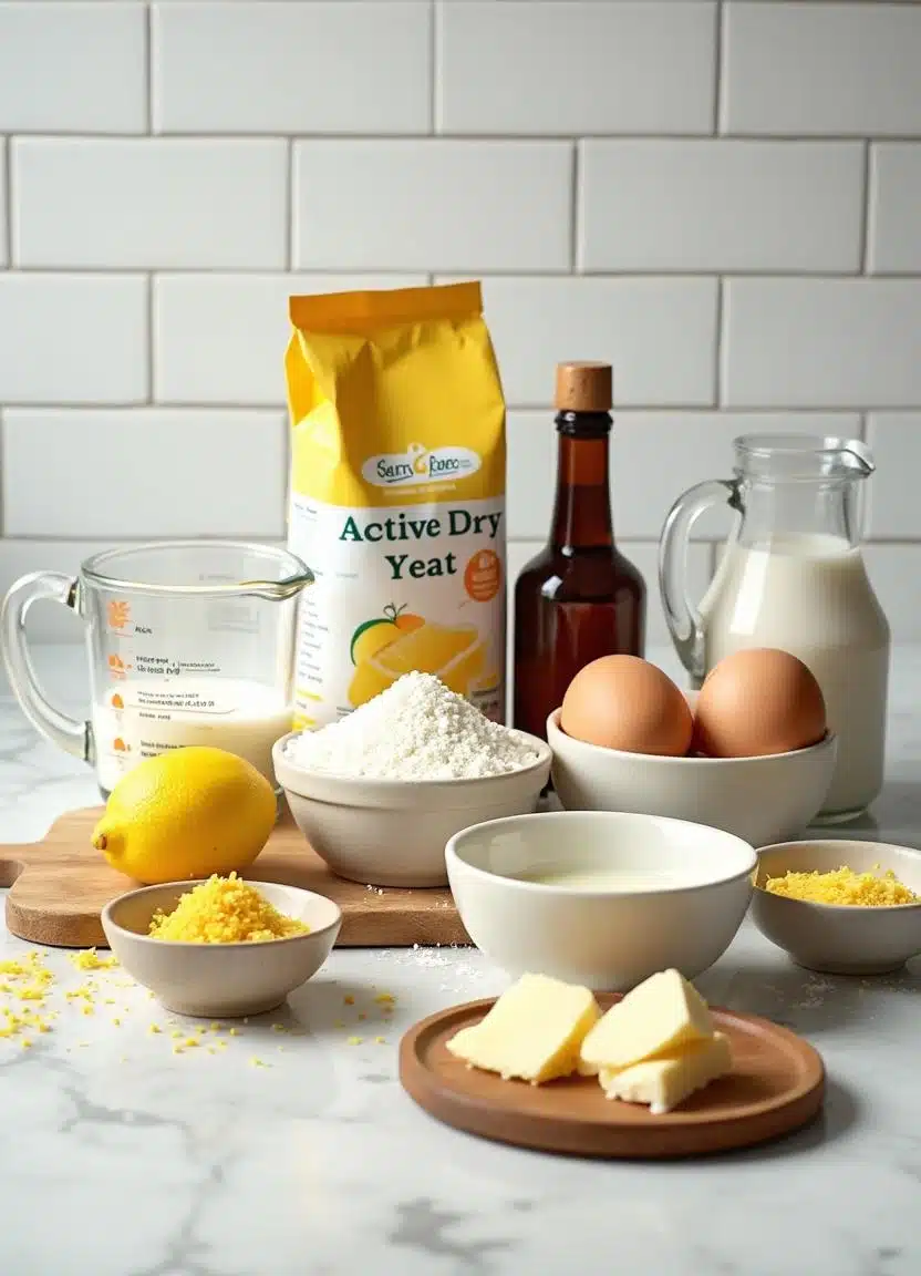 Ingredients for Lemon Sweet Rolls on a white marble kitchen counter, including yeast, milk, sugar, eggs, butter, vanilla, lemon zest, flour, salt, cream cheese, and powdered sugar.