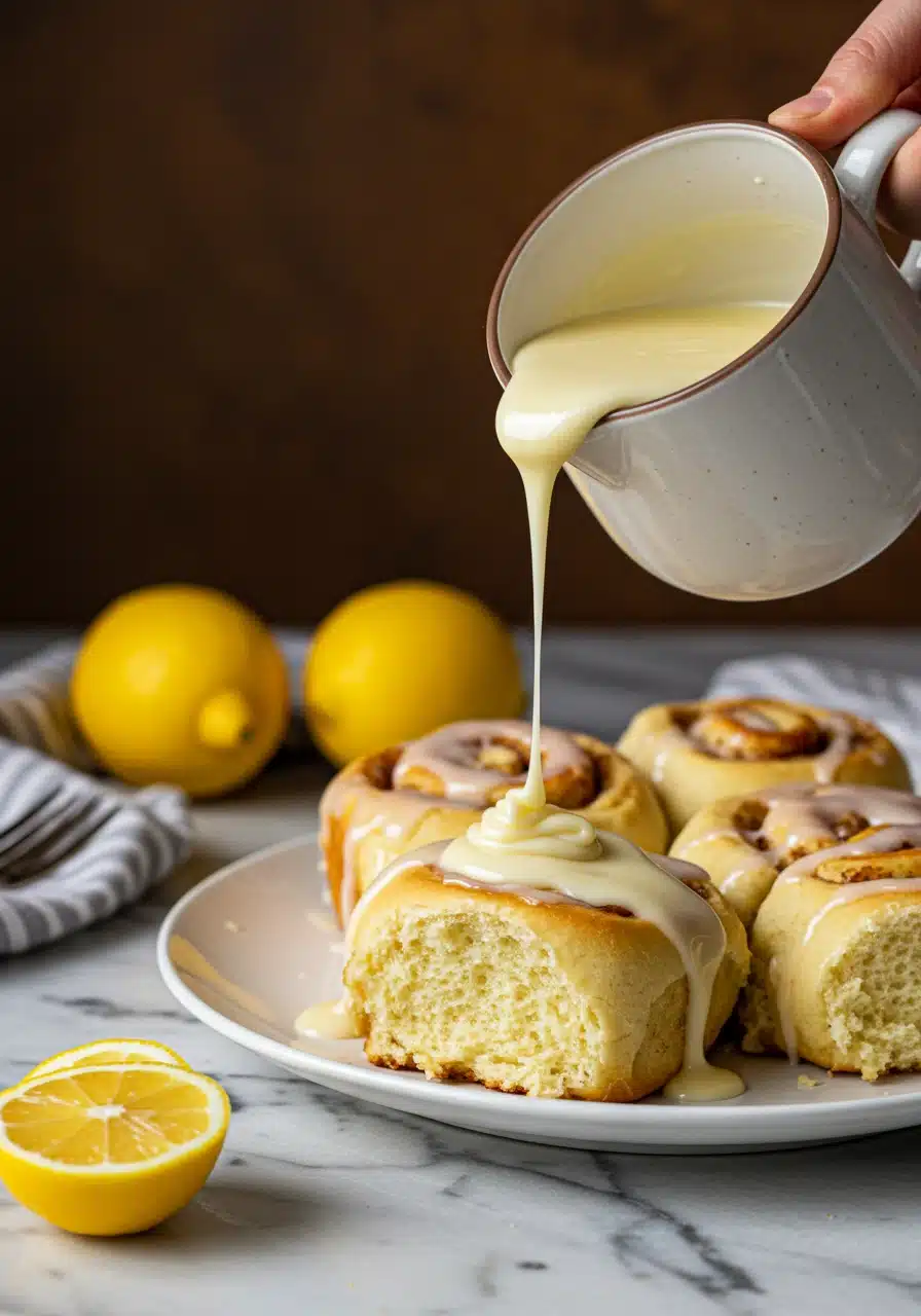 Drizzling icing over warm Lemon Sweet Rolls.