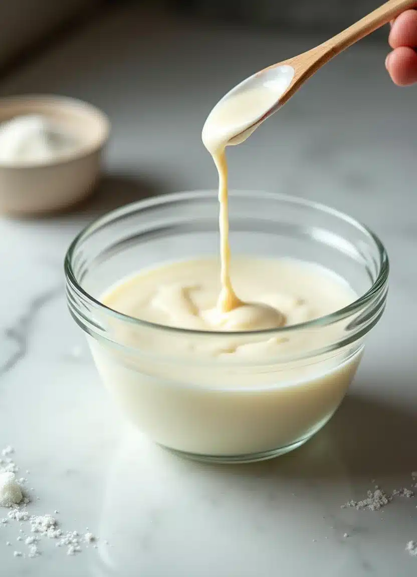 Yeast activated with warm milk and sugar in a glass bowl