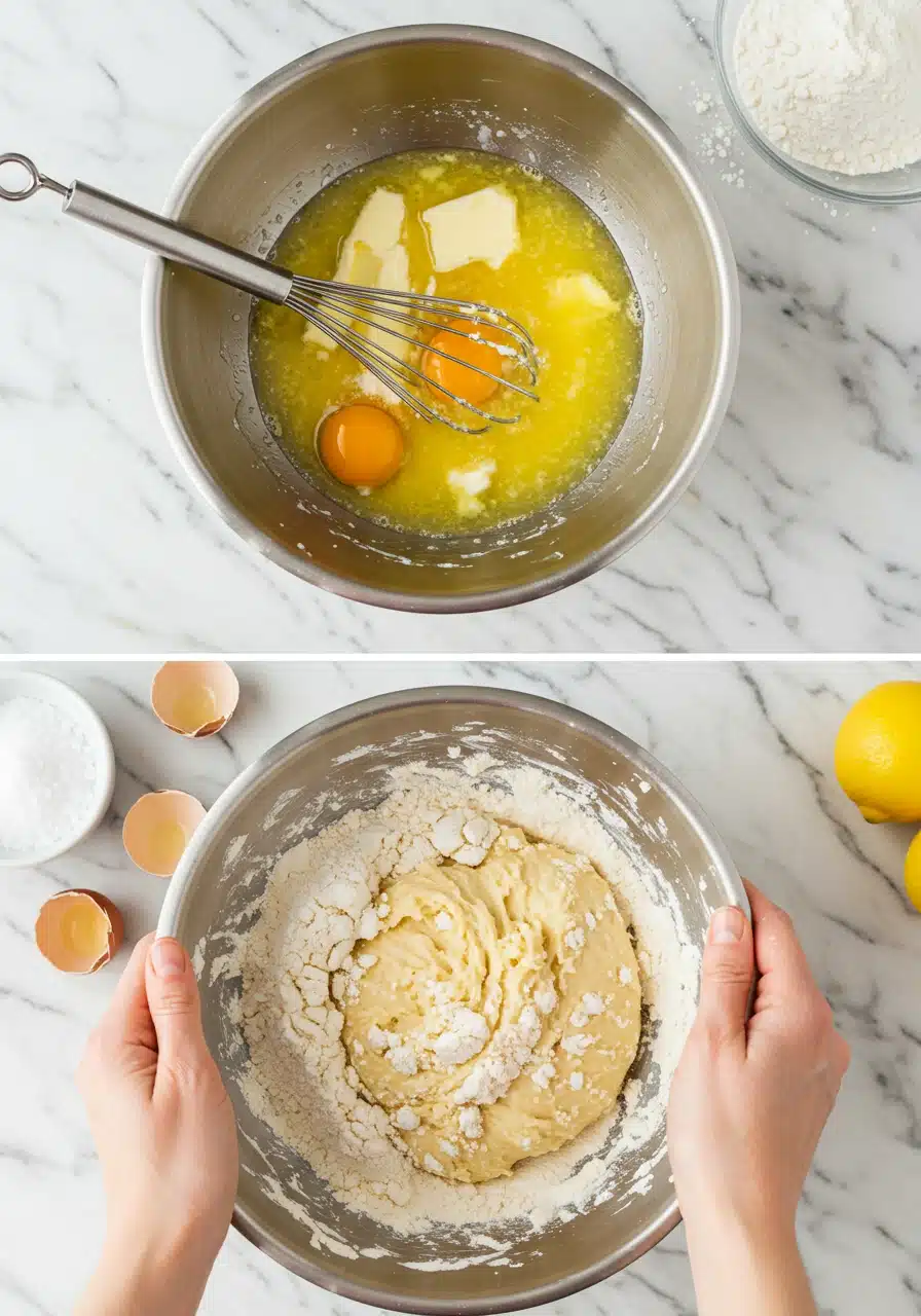 Kneading dough for Lemon Sweet Rolls with eggs, butter, and lemon zest