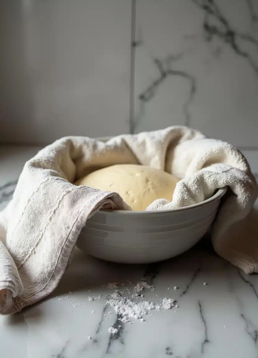 Dough rising in a greased bowl covered with a kitchen towel.