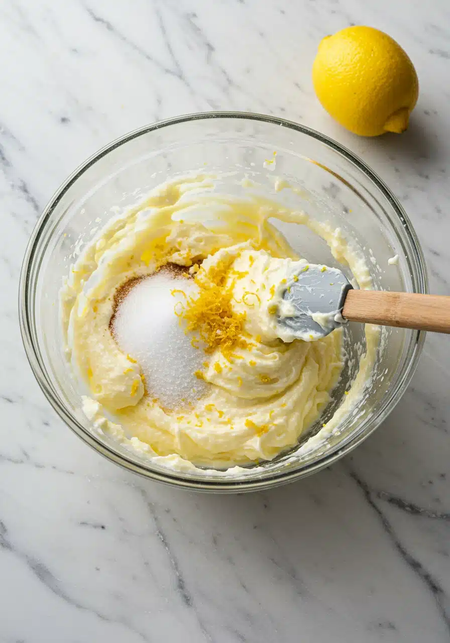 Mixing butter, sugar, and lemon zest for Lemon Sweet Roll filling.