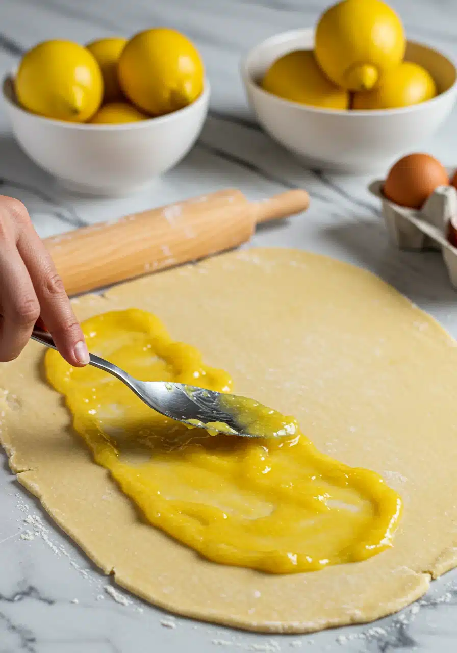 Rolling and cutting dough into slices for Lemon Sweet Rolls.