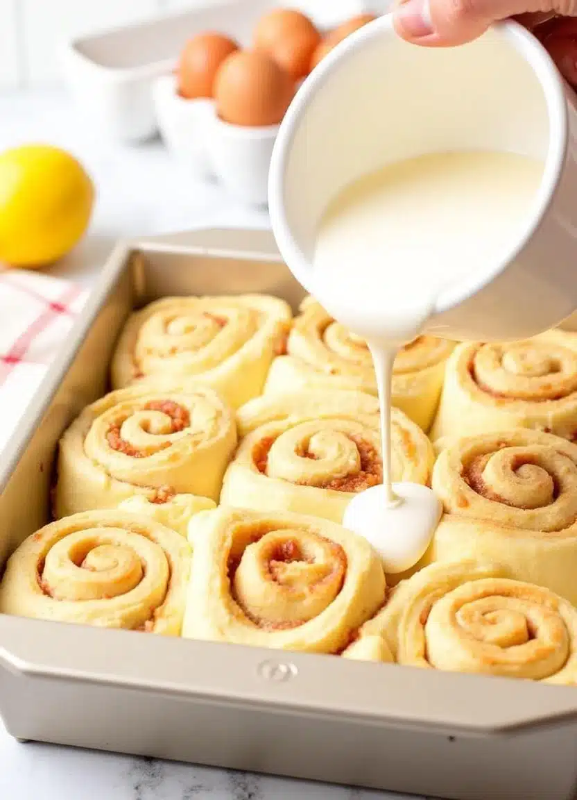 Sliced rolls rising in a baking dish before baking