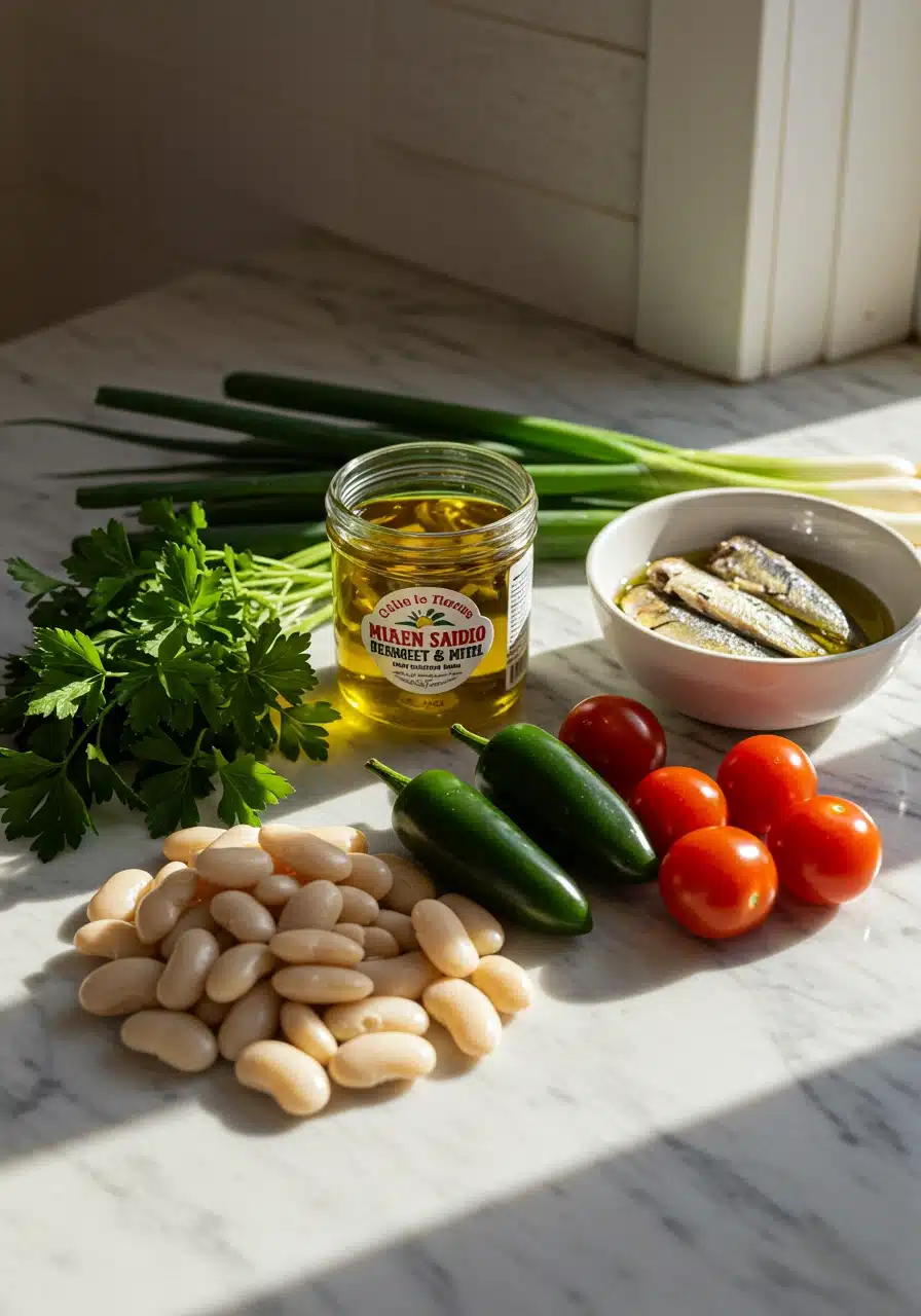 Mediterranean Sardine Salad ingredients on a bright marble kitchen counter, including white beans, sardines in olive oil, cherry tomatoes, green onions, jalapeños, and parsley.