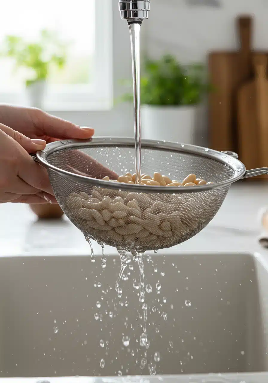 Draining and rinsing white beans under cold water in a modern kitchen sink.