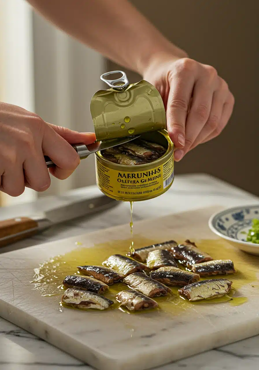 Opening a can of sardines and chopping them into large chunks on a kitchen counter.