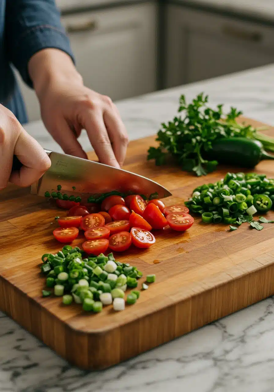 Chopping fresh vegetables, including cherry tomatoes, green onions, and jalapeños, on a cutting board.