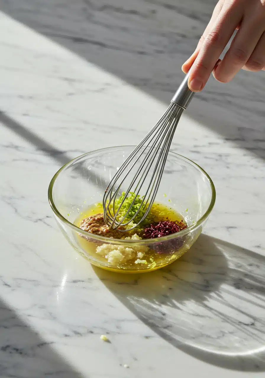 Making Mediterranean salad dressing with Dijon mustard, lime zest, garlic, and sumac in a bowl.