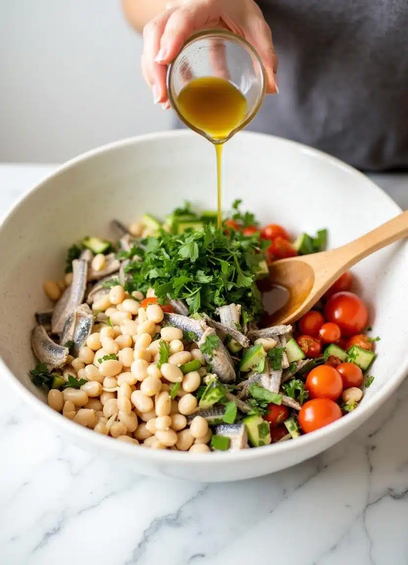 Tossing Mediterranean Sardine Salad ingredients in a large bowl with a wooden spoon and dressing.