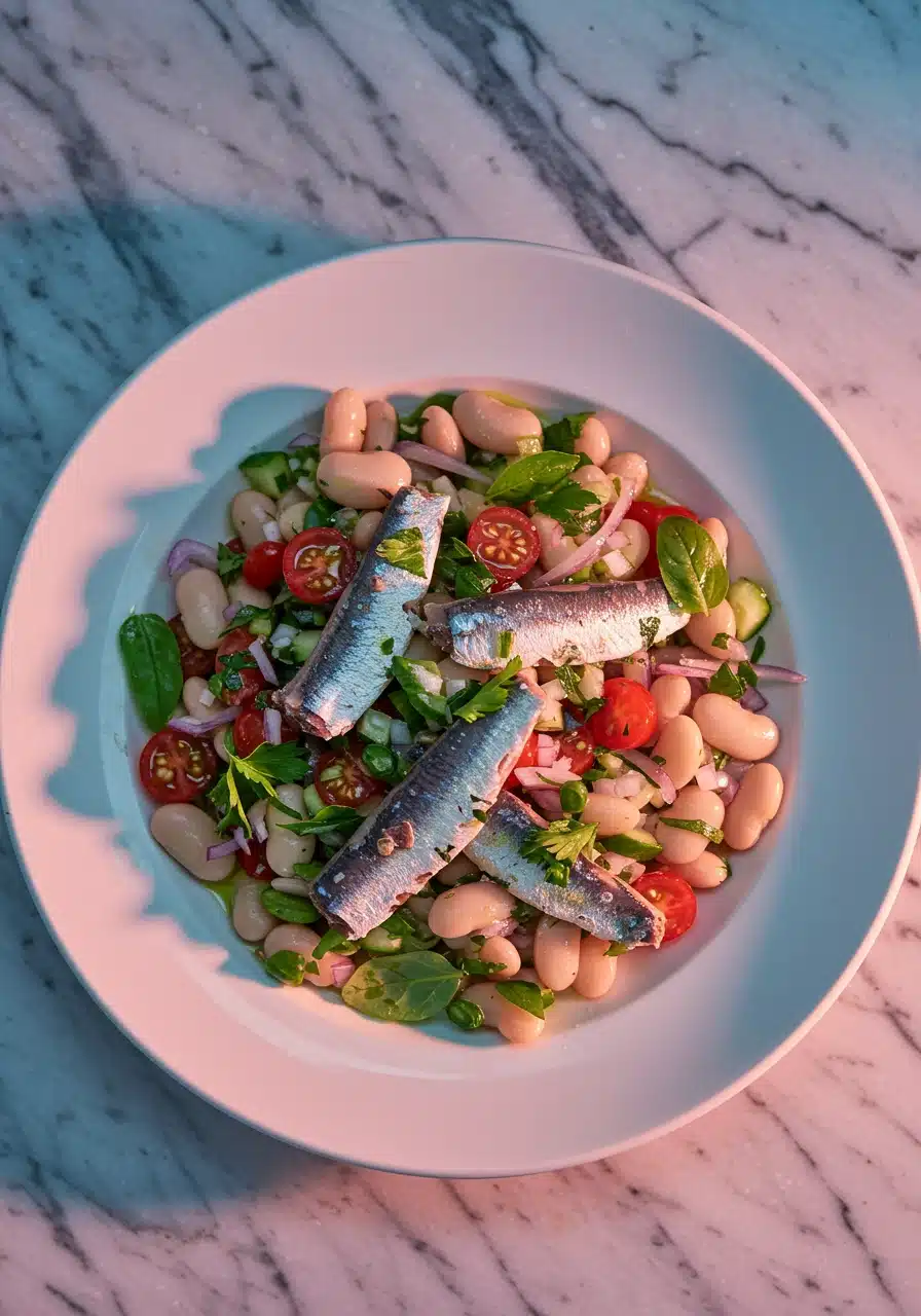 Finished Mediterranean Sardine Salad served in a large bowl with fresh ingredients.