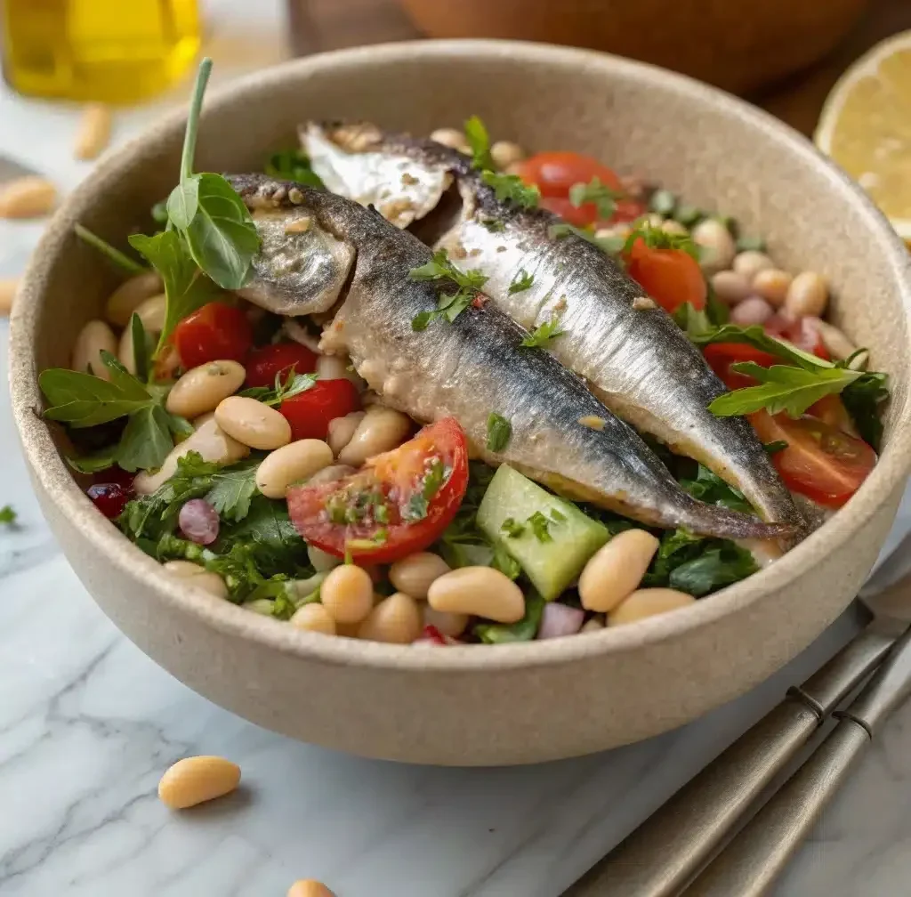 The finished Mediterranean Sardine Salad is artfully arranged, highlighting the freshness of the beans, sardines, vegetables, and herbs.