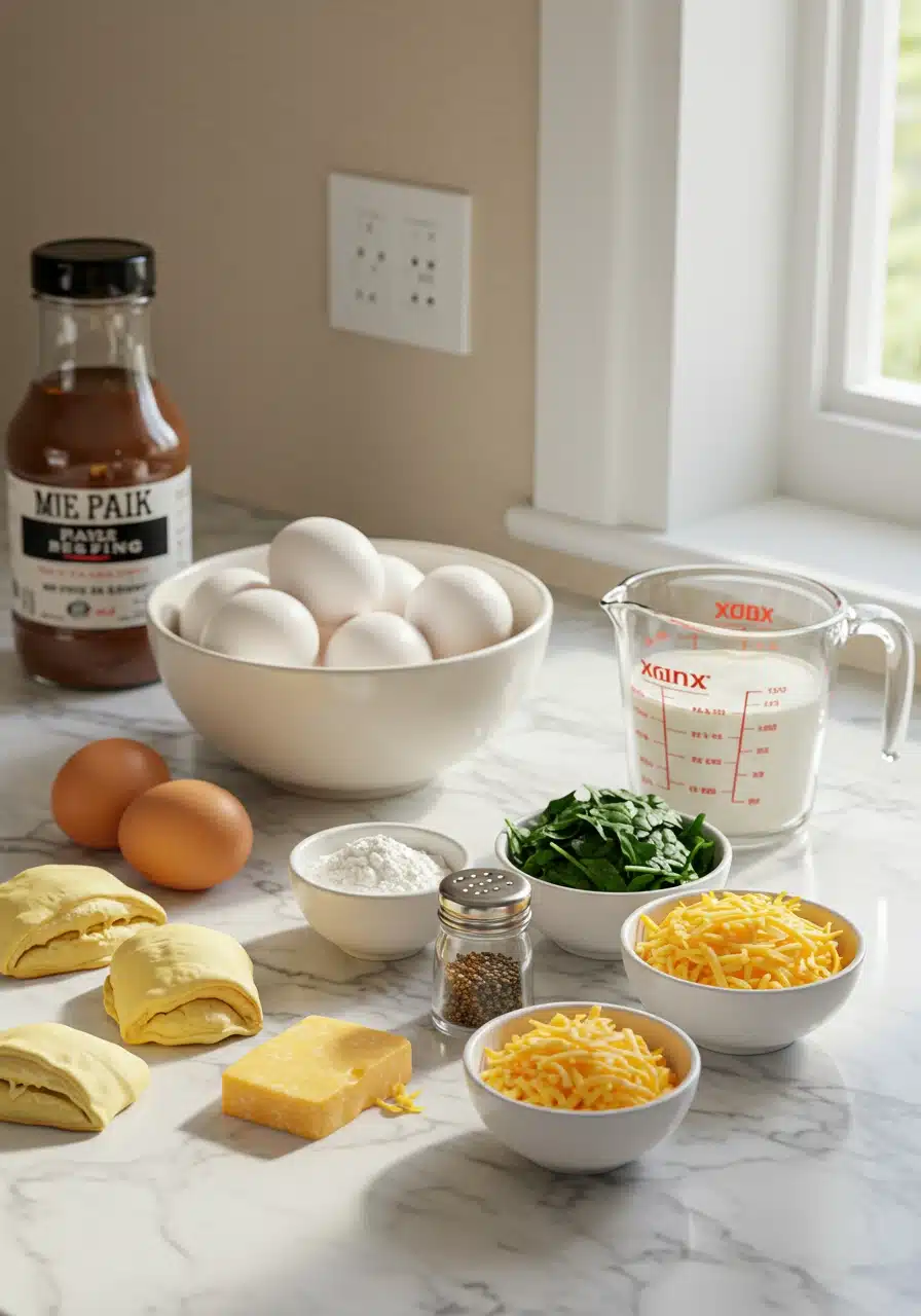 Ingredients for mini quiches with eggs, cheese, spinach, and flour