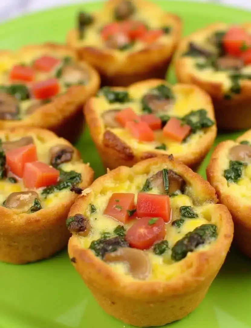 A mini quiches with spinach, mushrooms, and red peppers