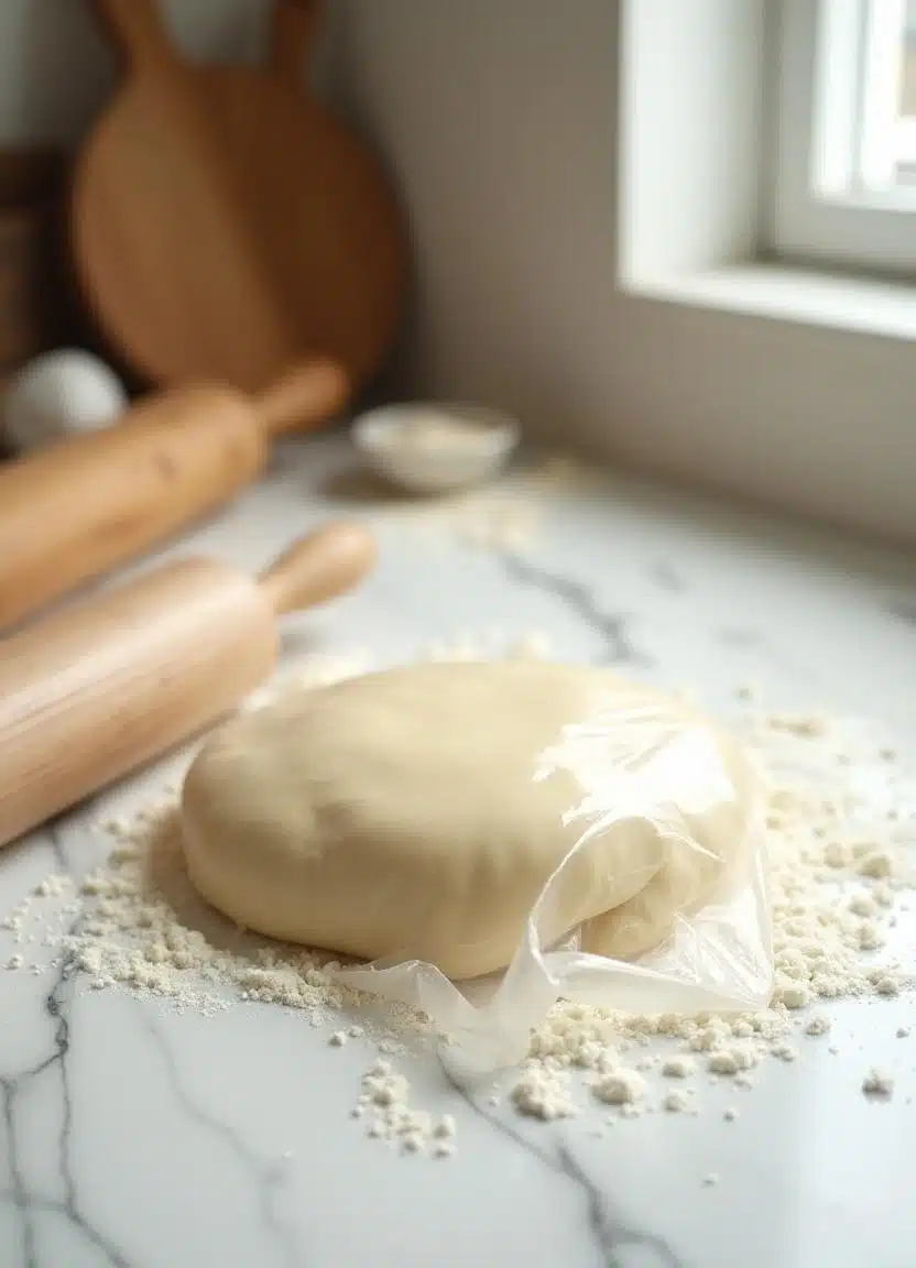 Pie dough resting in plastic wrap on marble surface