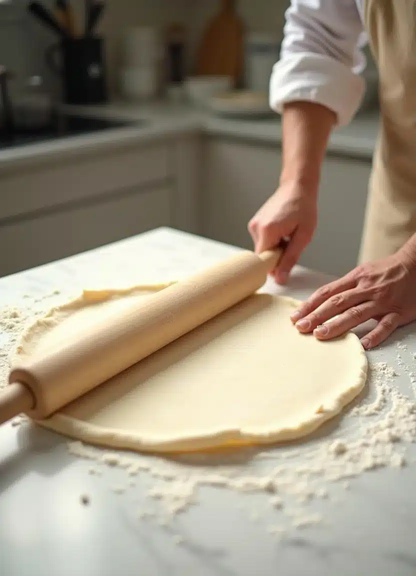 Rolling out dough with a rolling pin on a marble countertop