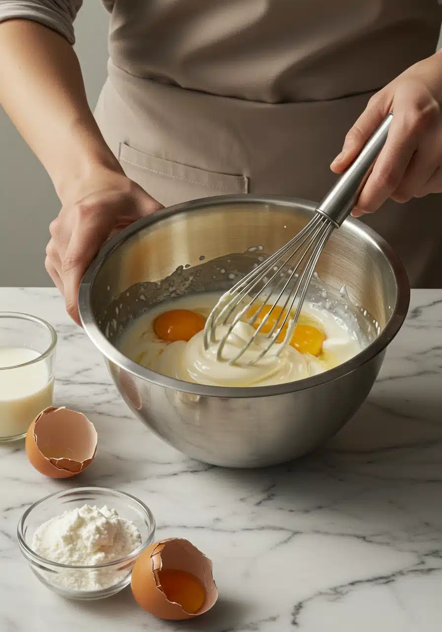 Whisking eggs and milk in a stainless steel bowl for quiche filling