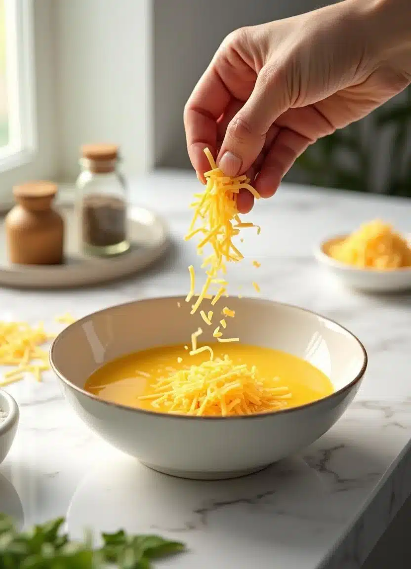 Grated cheese being added to a bowl with egg mixture