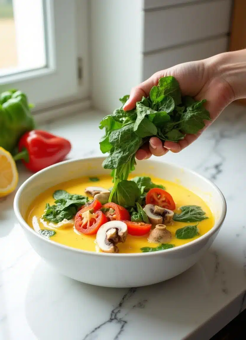 Adding spinach, tomatoes, and mushrooms to quiche mixture