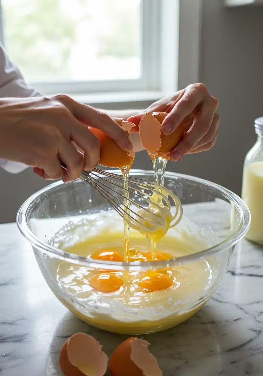 Cracking eggs into a bowl for mini quiche filling.