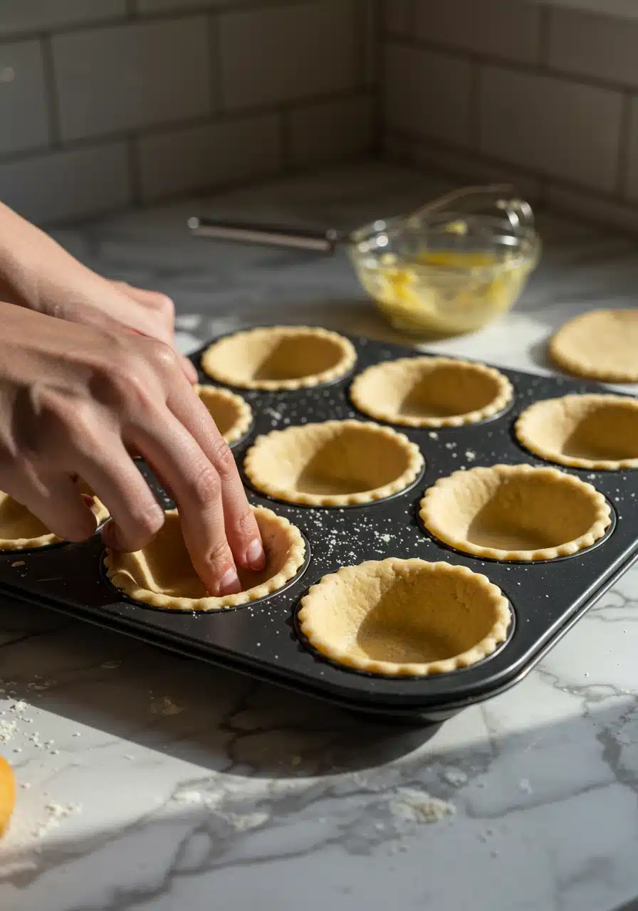 Pressing pie dough into mini muffin pan for quiches