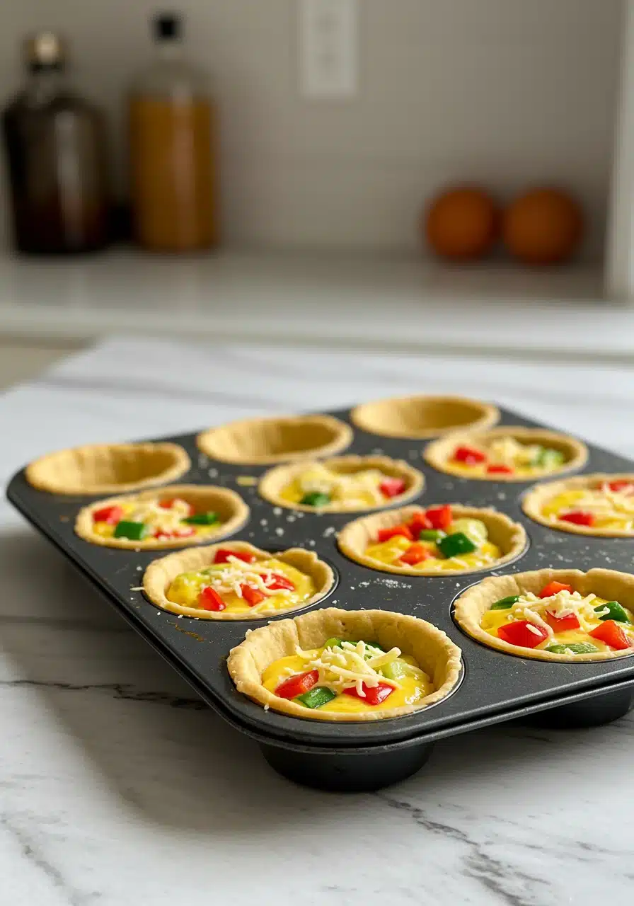 Mini quiche crusts filled with egg mixture and veggies