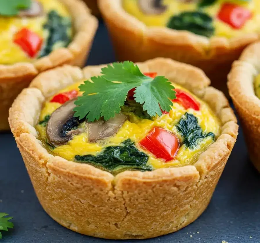 Close-up of mini quiches with spinach, mushrooms, and red peppers