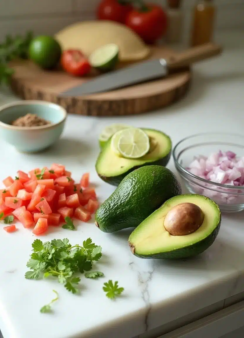 Fresh guacamole ingredients on a white marble kitchen counter, including ripe avocados, diced red onion, chopped cilantro, lime zest and juice, jalapeño, and optional Roma tomatoes.