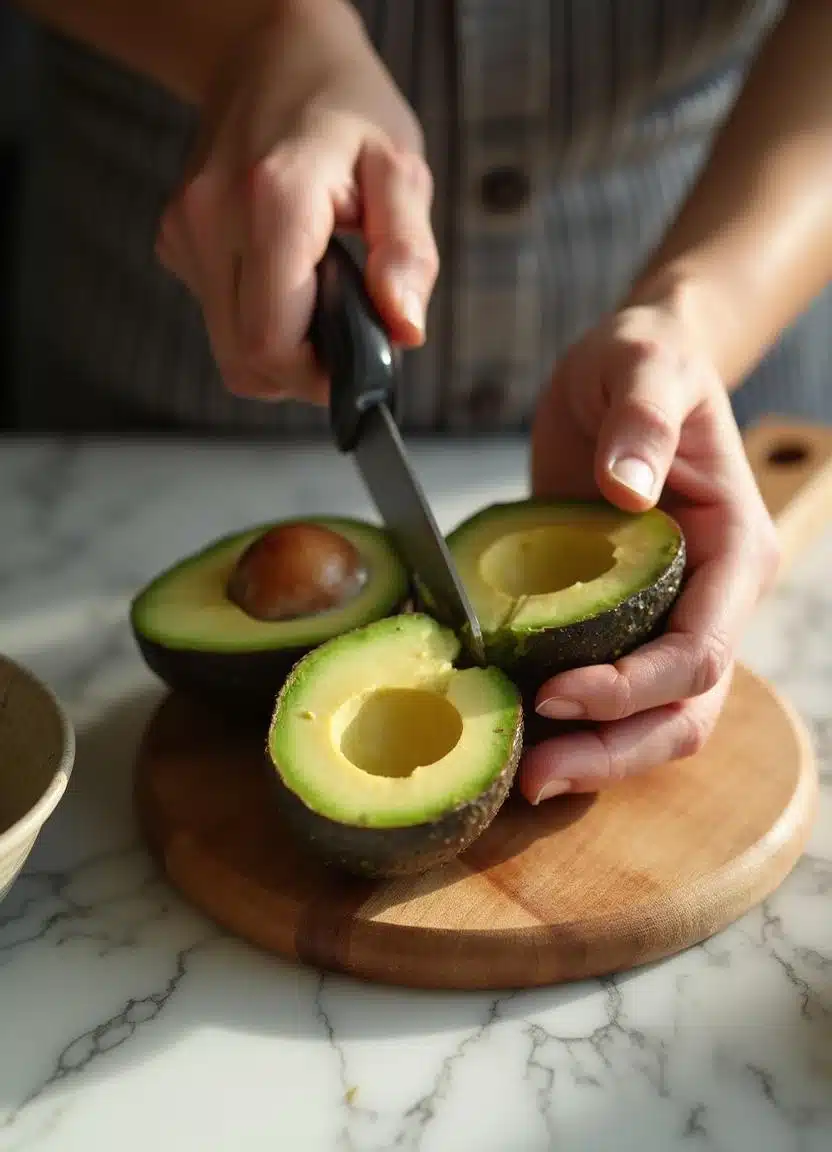 Hands cutting a ripe avocado in half on a wooden cutting board, removing the pit.