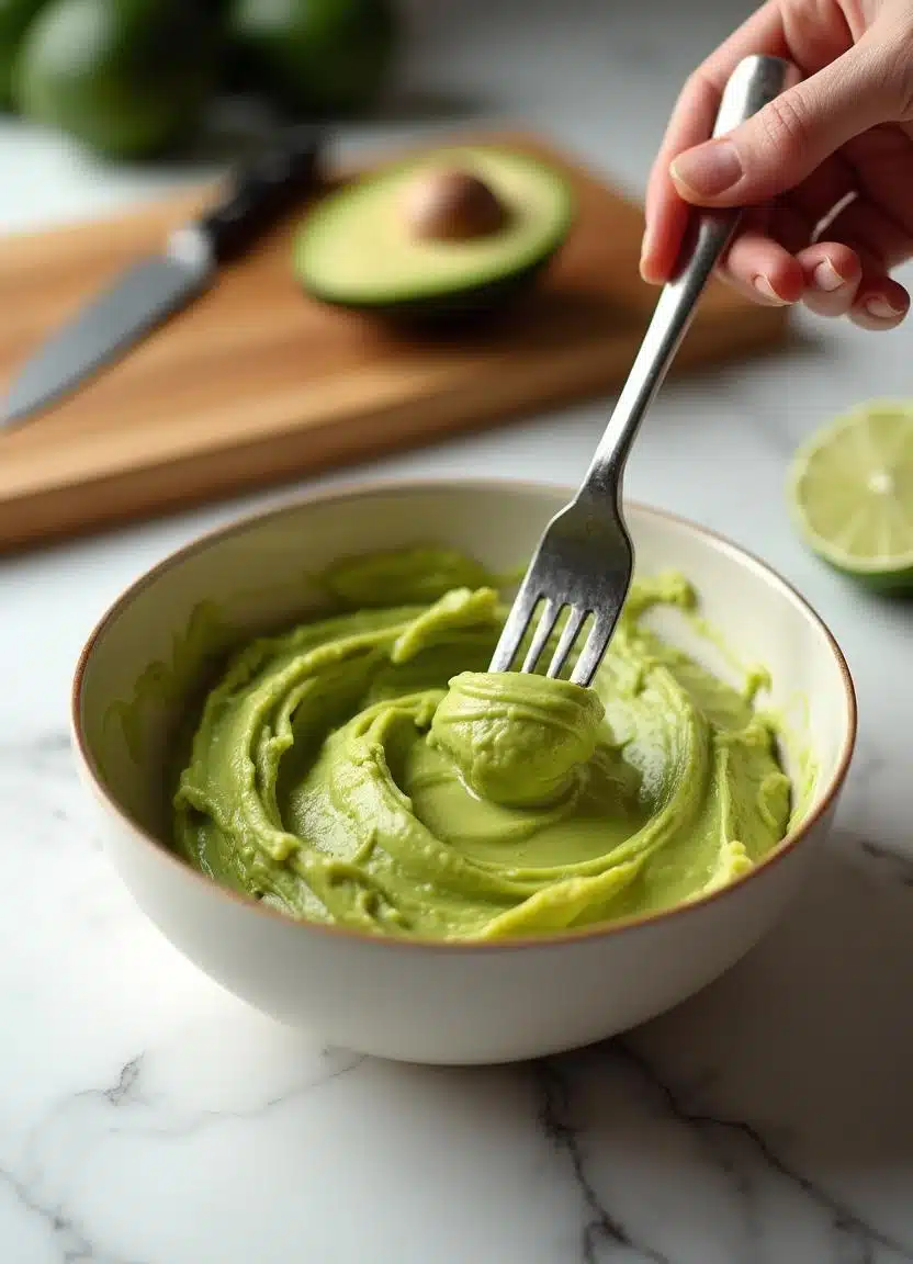 Fork mashing ripe avocado in a ceramic bowl on a white marble counter.