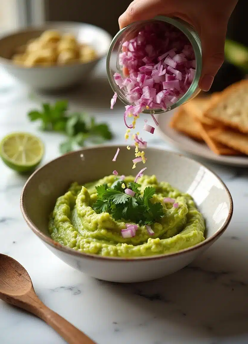 Diced red onion, cilantro, lime zest, and lime juice being mixed into mashed avocado.