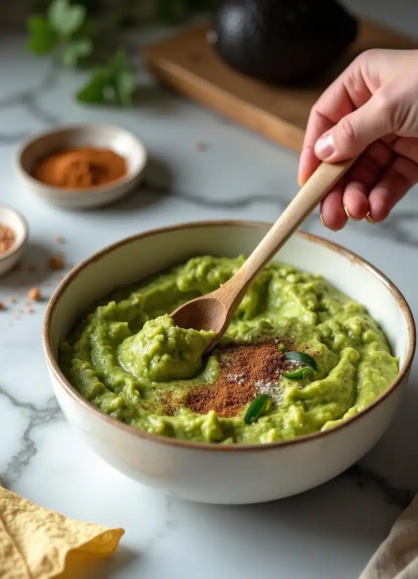 Hand stirring jalapeño, sea salt, and cumin into guacamole with a wooden spoon.