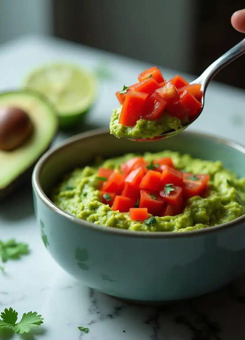 Spoon folding diced Roma tomatoes into guacamole in a ceramic bowl.