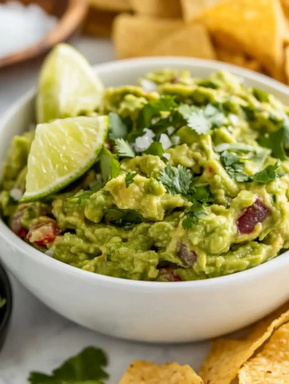 A delicious, vibrant guacamole dish presented with tortilla chips for dipping.