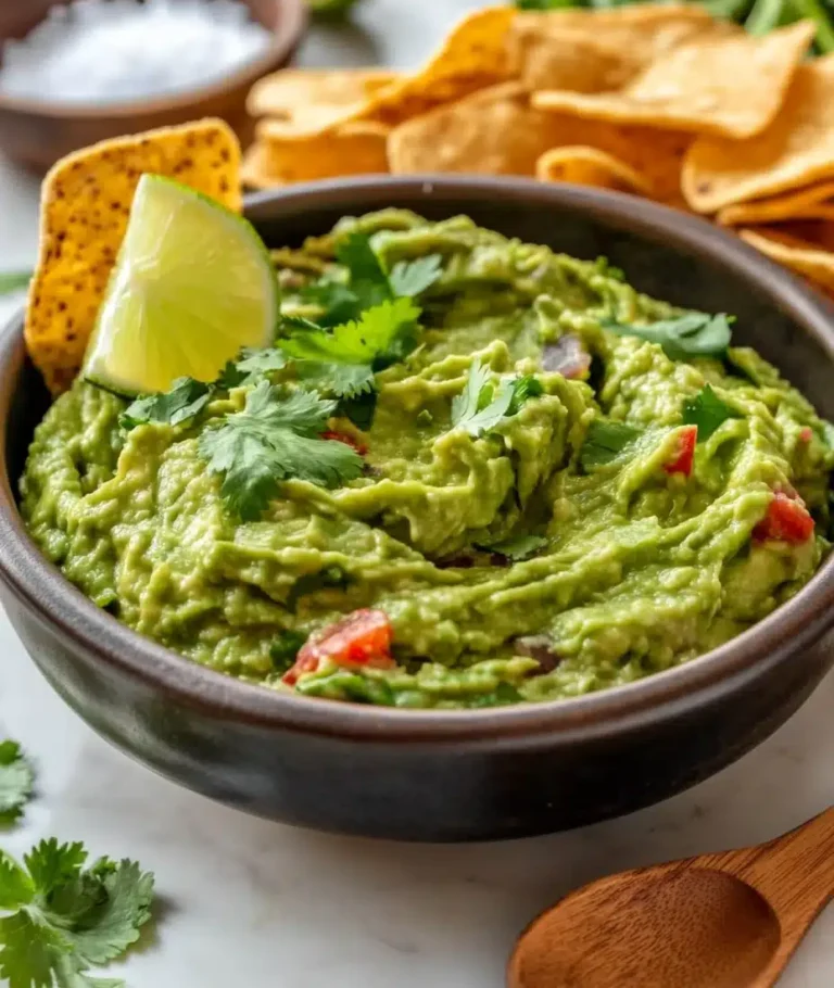 guacamole dish presented with tortilla chips for dipping.